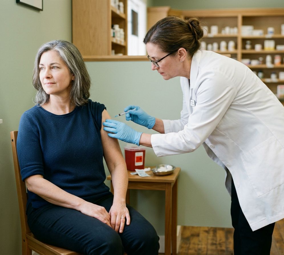 A pharmacist giving a seated patient a vaccination in the consultation area